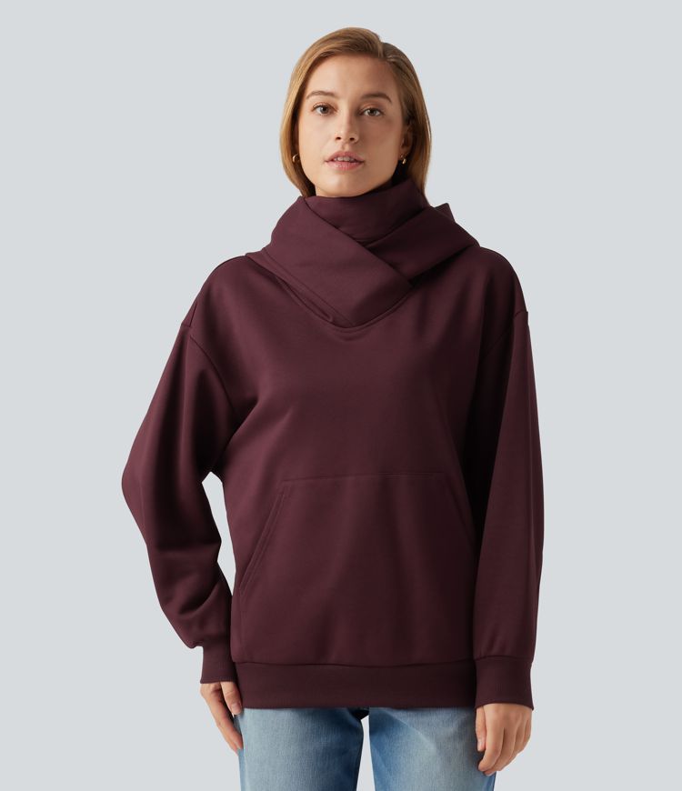 Sudadera casual de forro polar con capucha, parte delantera cruzada, hombros caídos, mangas largas y bolsillo Sudadera casual de forro polar con capucha, parte delantera cruzada, hombros caídos, mangas largas y bolsillo