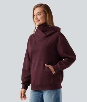 Sudadera casual de forro polar con capucha, parte delantera cruzada, hombros caídos, mangas largas y bolsillo Sudadera casual de forro polar con capucha, parte delantera cruzada, hombros caídos, mangas largas y bolsillo