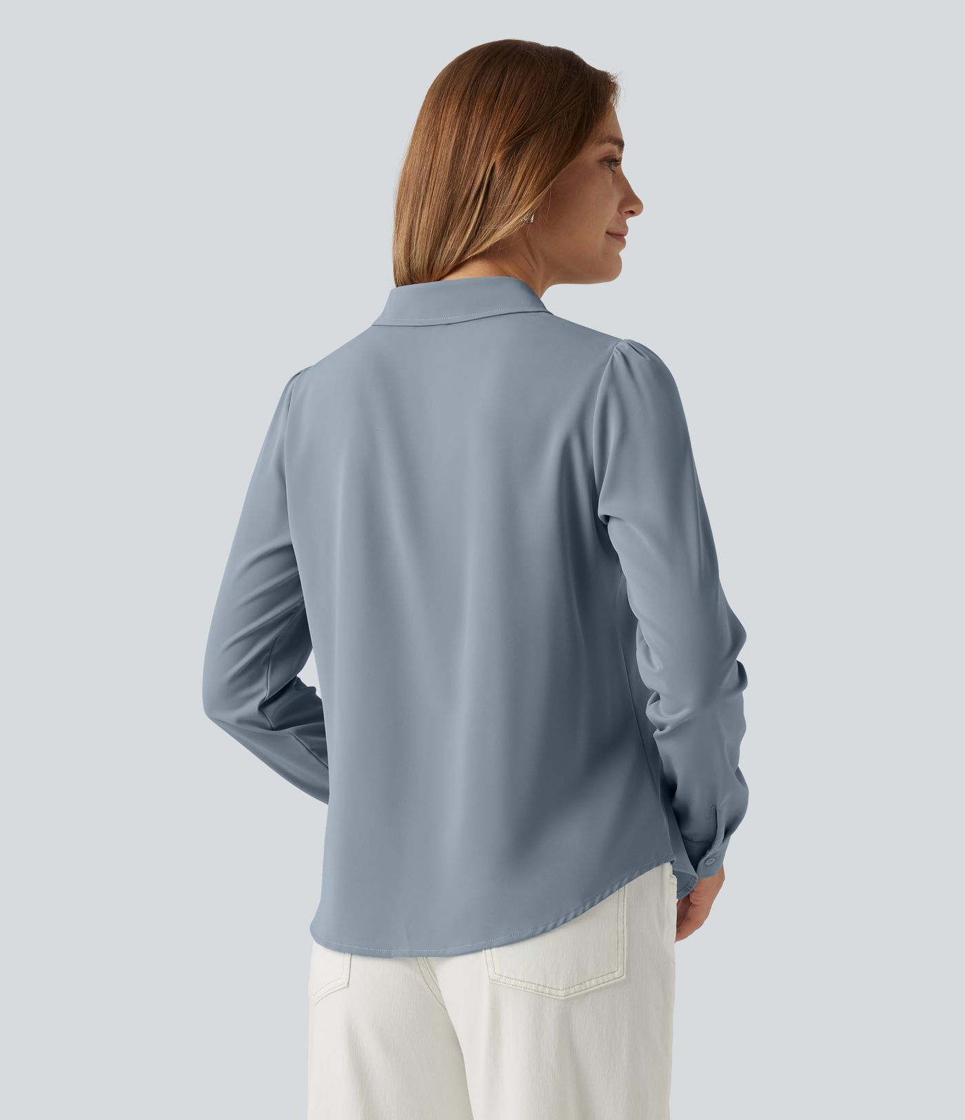 Open Front Puff Long Sleeve Curved Hem Casual Blouse