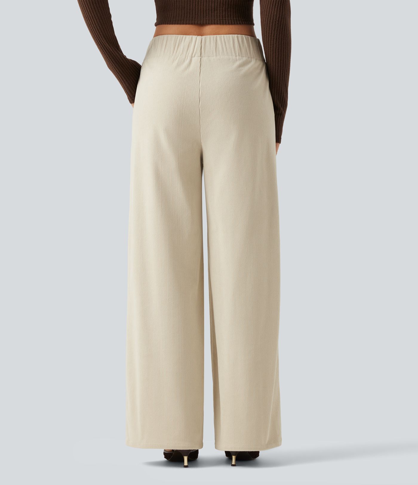 Mid Rise Wide Leg Corduroy Casual Pants with Pockets