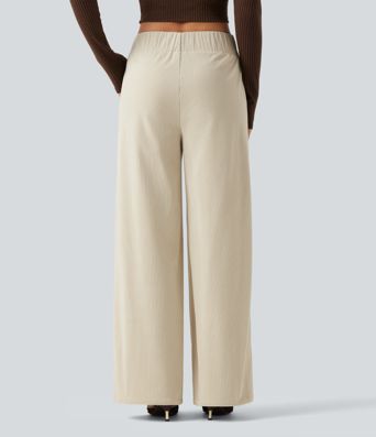 Mid Rise Wide Leg Corduroy Casual Pants with Pockets