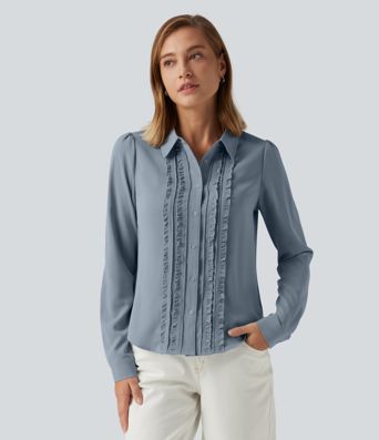 Open Front Puff Long Sleeve Curved Hem Casual Blouse
