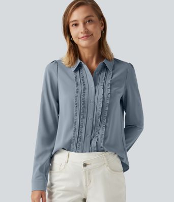 Open Front Puff Long Sleeve Curved Hem Casual Blouse