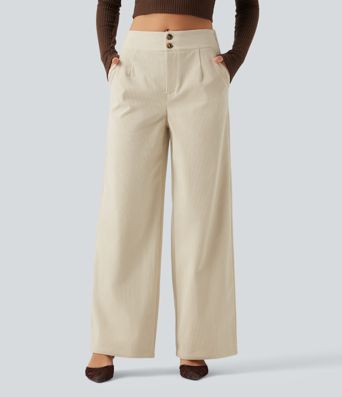 Mid Rise Wide Leg Corduroy Casual Pants with Pockets