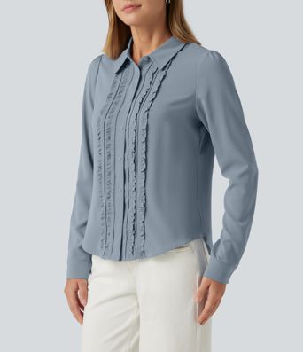 Open Front Puff Long Sleeve Curved Hem Casual Blouse