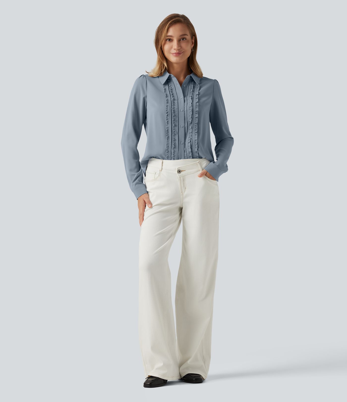 Open Front Puff Long Sleeve Curved Hem Casual Blouse