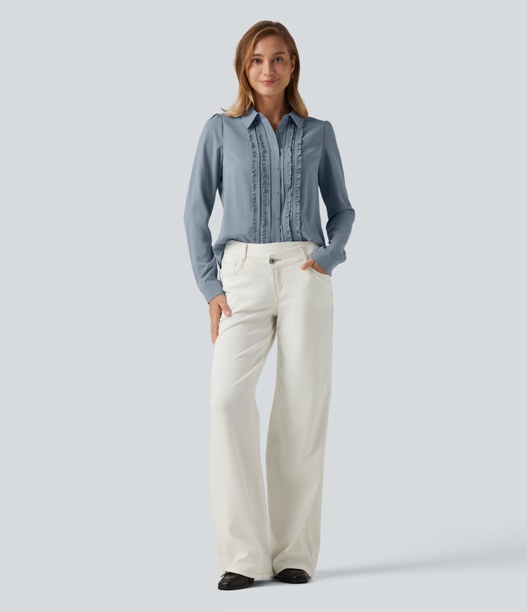 Open Front Puff Long Sleeve Curved Hem Casual Blouse