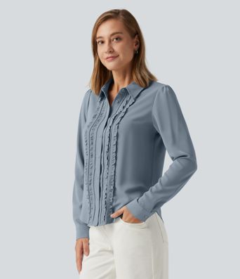 Open Front Puff Long Sleeve Curved Hem Casual Blouse