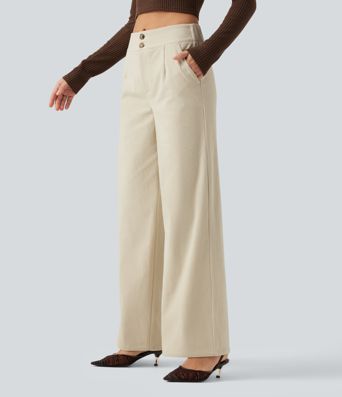 Mid Rise Wide Leg Corduroy Casual Pants with Pockets