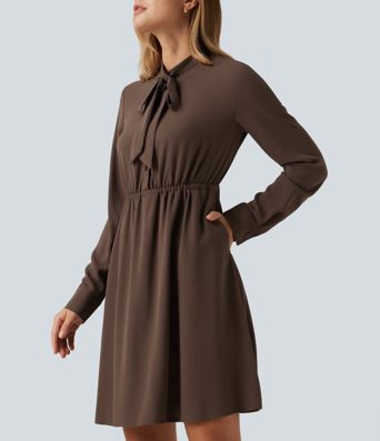 Stand Collar Tie Front Long Sleeve Ruched Mini Casual Shirt Dress with Pockets