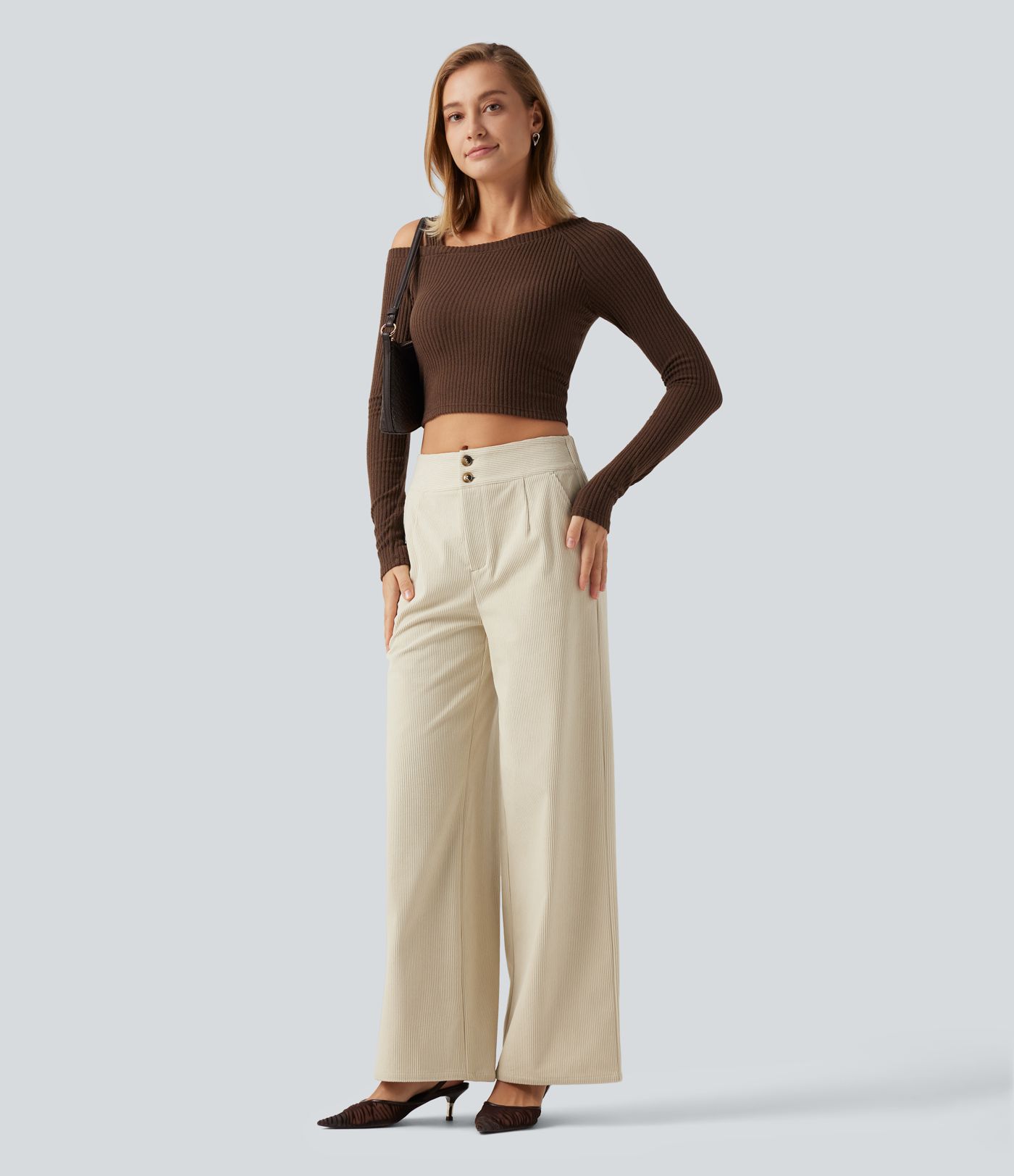 Mid Rise Wide Leg Corduroy Casual Pants with Pockets