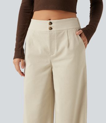 Mid Rise Wide Leg Corduroy Casual Pants with Pockets