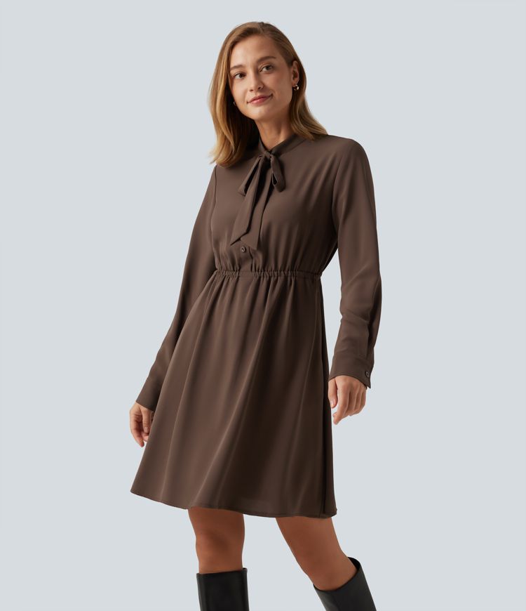 Stand Collar Tie Front Long Sleeve Ruched Mini Casual Shirt Dress with Pockets