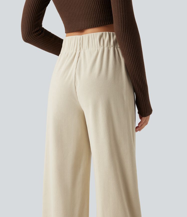 Mid Rise Wide Leg Corduroy Casual Pants with Pockets