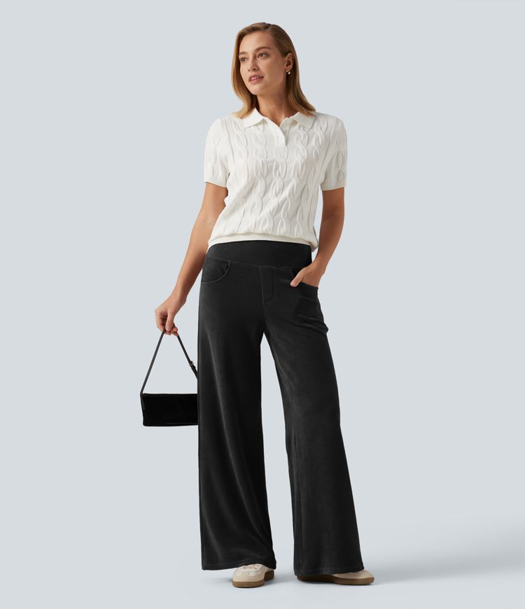 Black Pantalon en velours côtelé taille mi-haute coupe large avec poches / 1