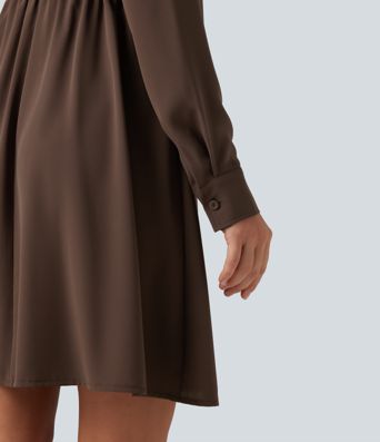Stand Collar Tie Front Long Sleeve Ruched Mini Casual Shirt Dress with Pockets