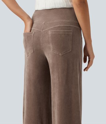 Mid Rise Wide Leg Corduroy Casual Pants with Pockets