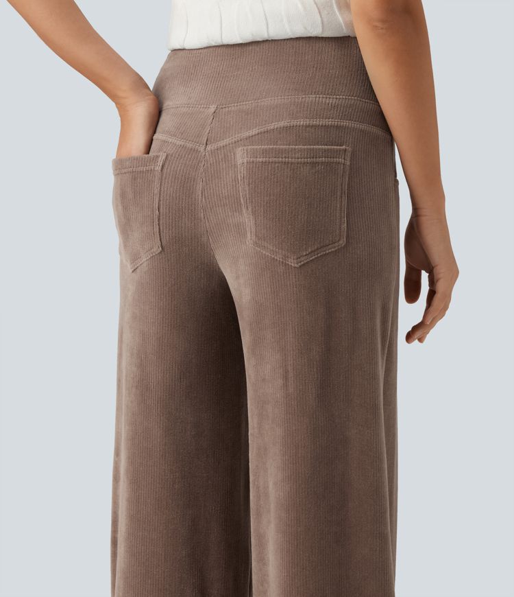 Mid Rise Wide Leg Corduroy Casual Pants with Pockets