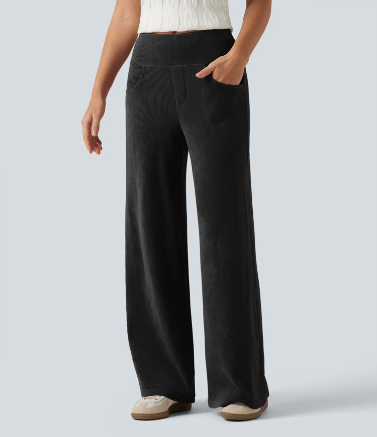 Black Pantalon en velours côtelé taille mi-haute coupe large avec poches / 2