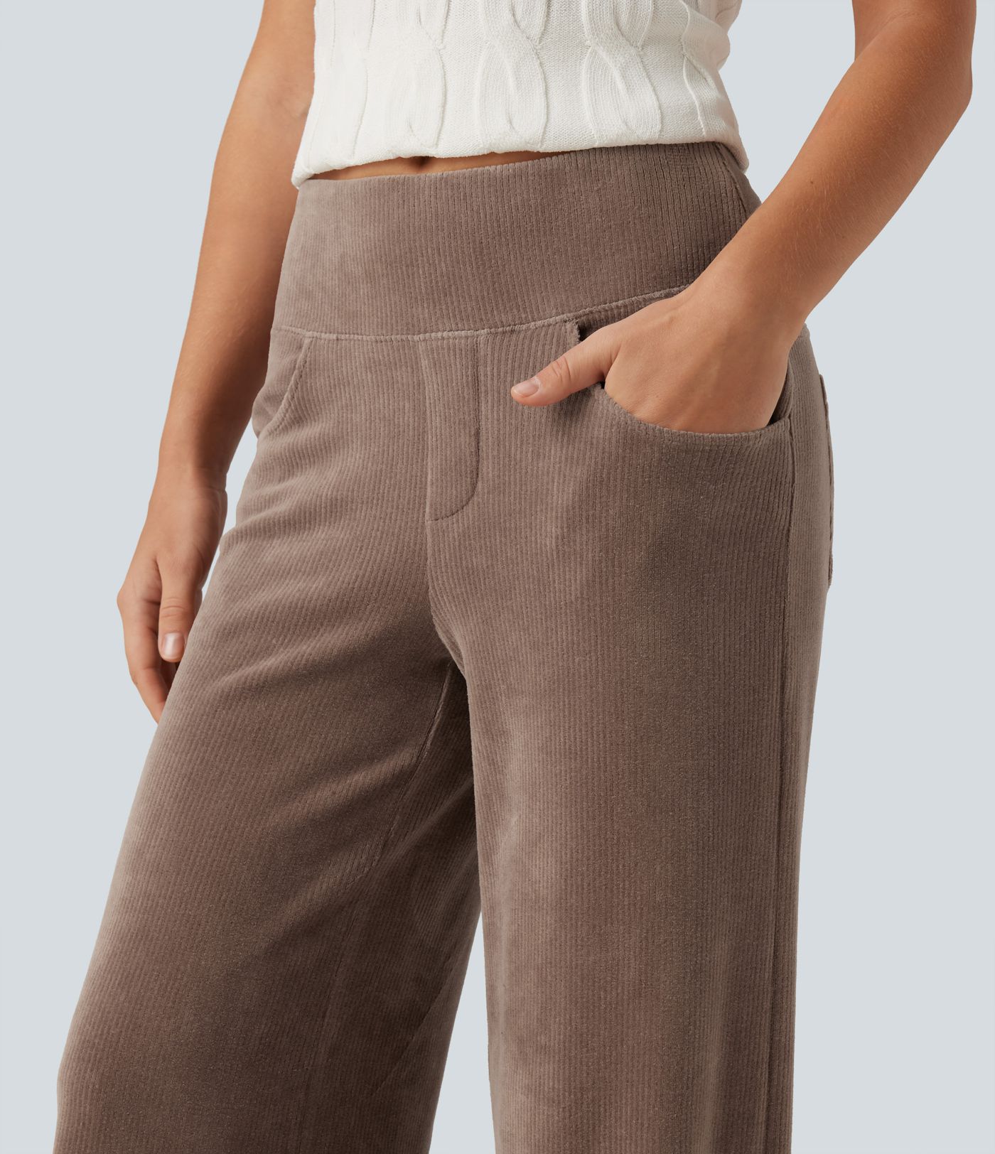 Mid Rise Wide Leg Corduroy Casual Pants with Pockets