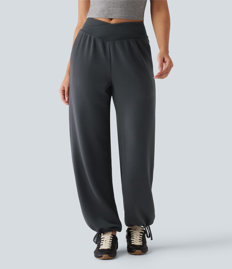 High Waisted Crossover Gathered Hem Casual Joggers with Pockets