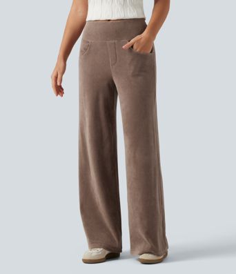 Mid Rise Wide Leg Corduroy Casual Pants with Pockets
