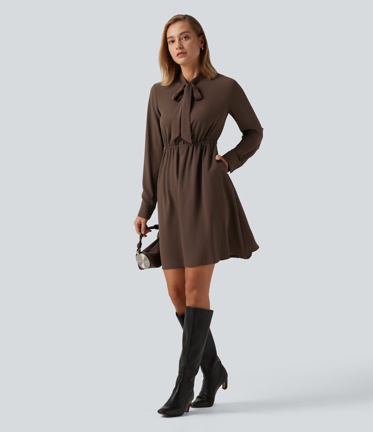 Stand Collar Tie Front Long Sleeve Ruched Mini Casual Shirt Dress with Pockets