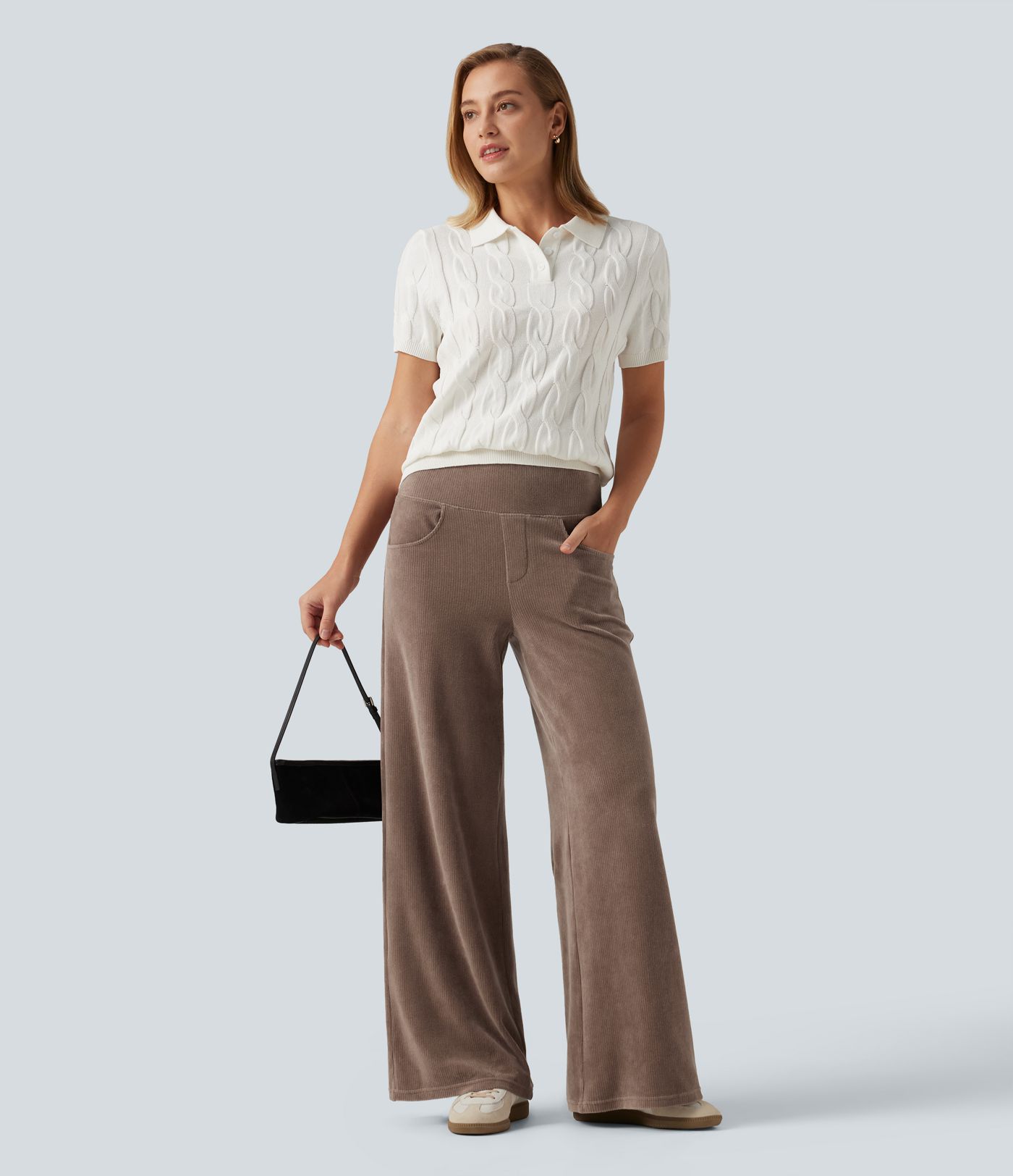 Mid Rise Wide Leg Corduroy Casual Pants with Pockets