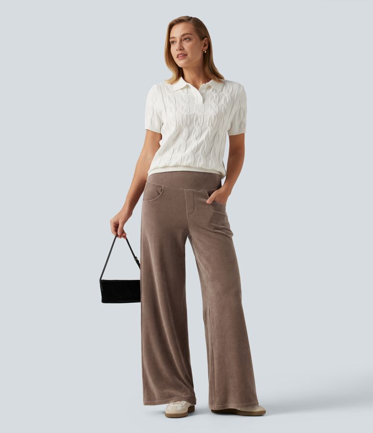 Mid Rise Wide Leg Corduroy Casual Pants with Pockets