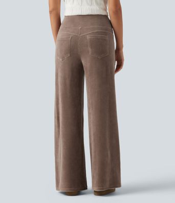 Mid Rise Wide Leg Corduroy Casual Pants with Pockets