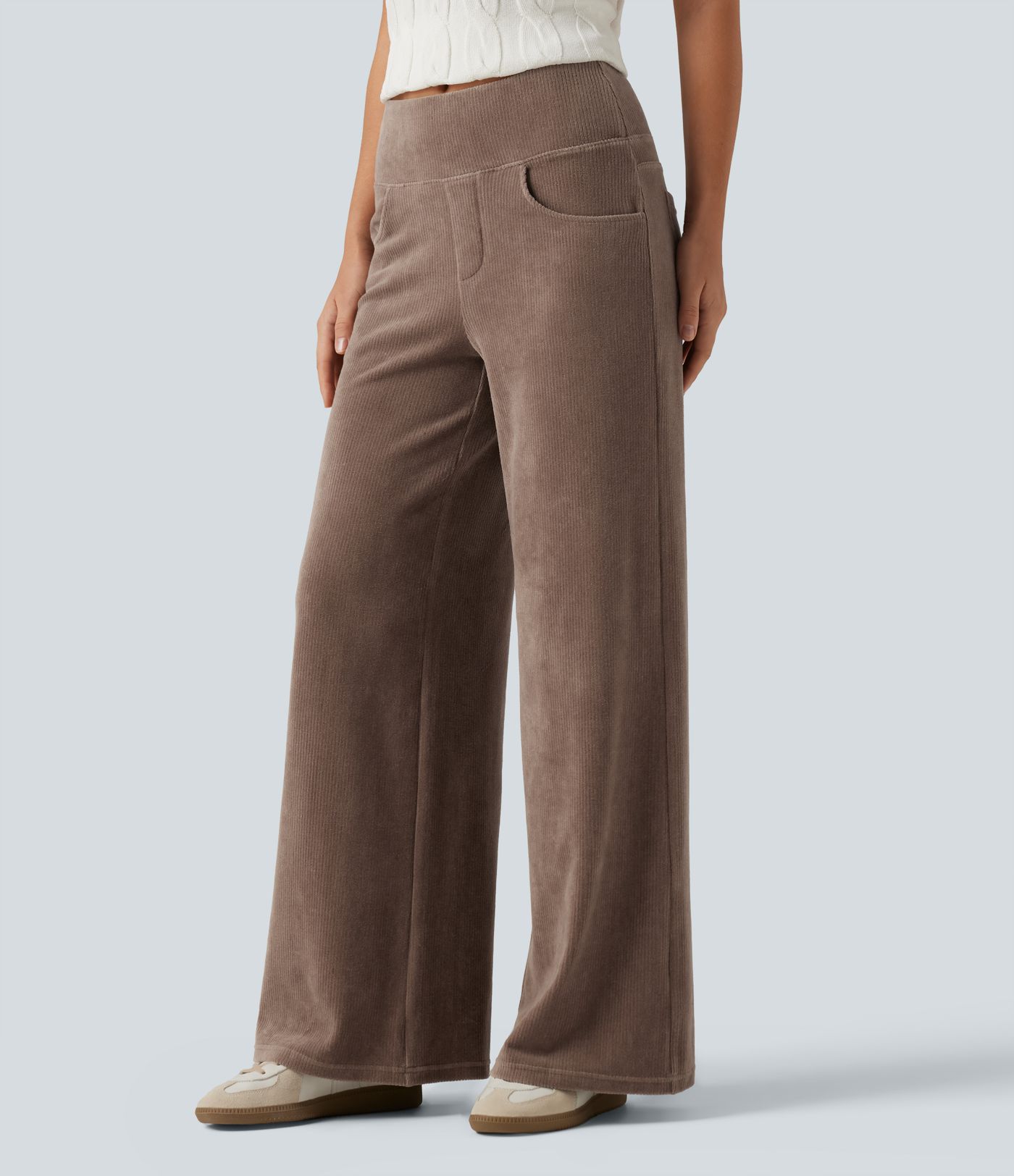 Mid Rise Wide Leg Corduroy Casual Pants with Pockets