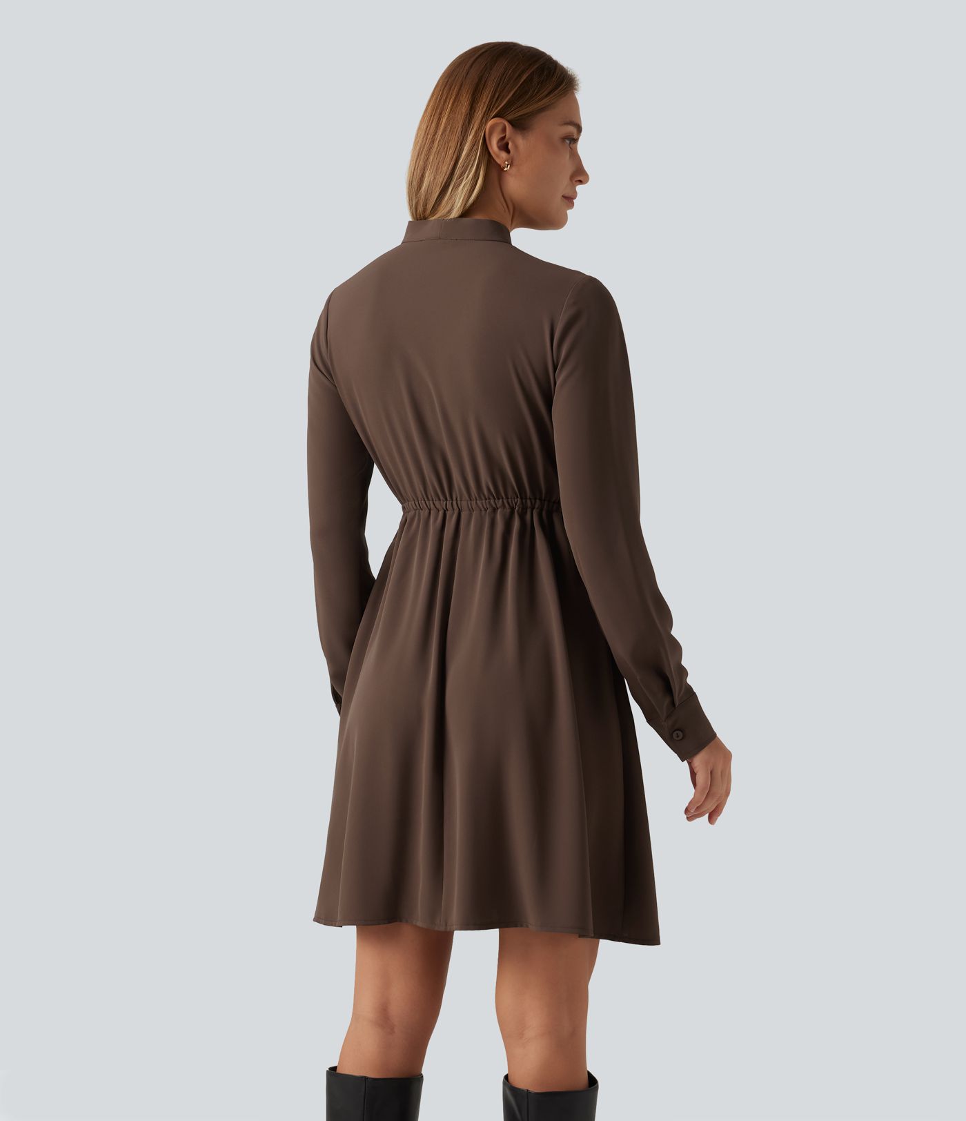 Stand Collar Tie Front Long Sleeve Ruched Mini Casual Shirt Dress with Pockets