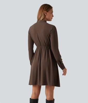 Stand Collar Tie Front Long Sleeve Ruched Mini Casual Shirt Dress with Pockets