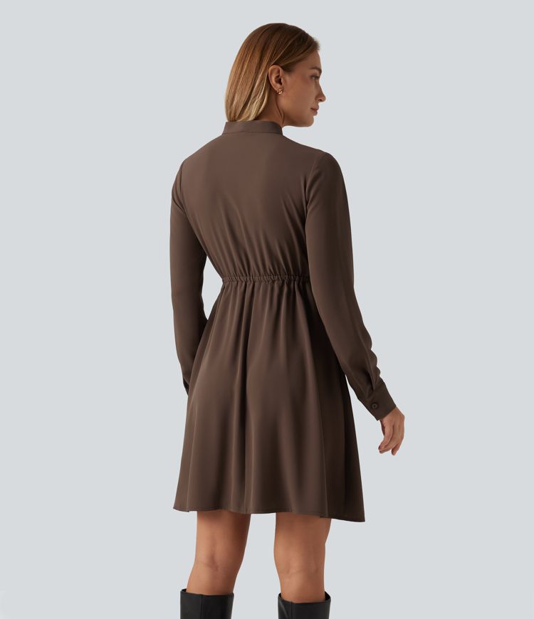 Stand Collar Tie Front Long Sleeve Ruched Mini Casual Shirt Dress with Pockets