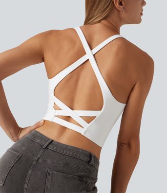 V Neck Crisscross Casual Tank Top with Built-in Bra V Neck Crisscross Casual Tank Top with Built-in Bra