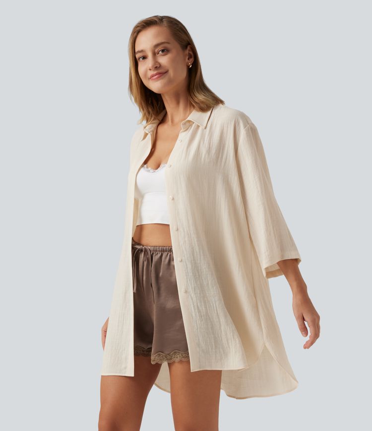 Collared 3/4 Sleeve Curved Hem Linen-Feel Oversized Casual Shirts
