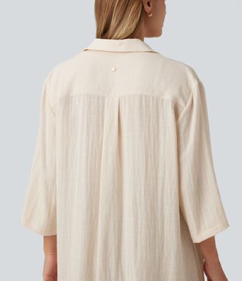 Collared 3/4 Sleeve Curved Hem Linen-Feel Oversized Casual Shirts