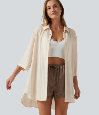 Collared 3/4 Sleeve Curved Hem Linen-Feel Oversized Casual Shirts