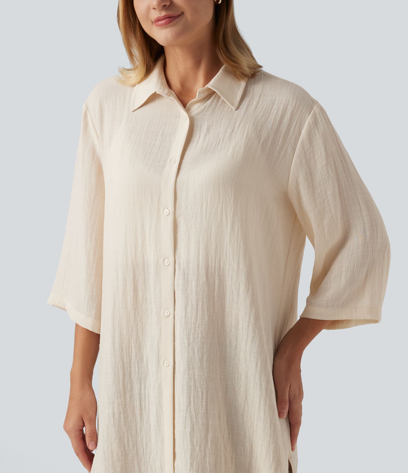 Collared 3/4 Sleeve Curved Hem Linen-Feel Oversized Casual Shirts