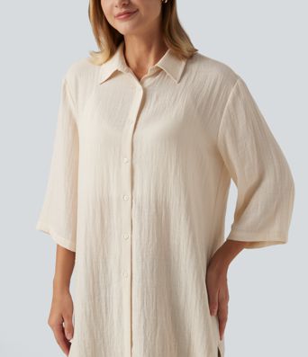 Collared 3/4 Sleeve Curved Hem Linen-Feel Oversized Casual Shirts