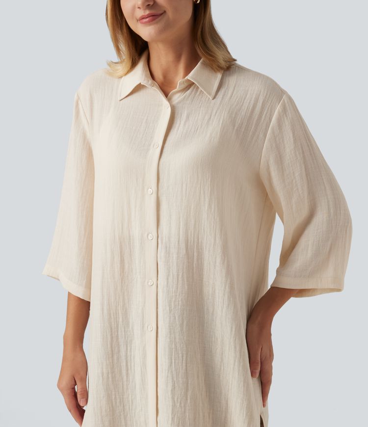 Collared 3/4 Sleeve Curved Hem Linen-Feel Oversized Casual Shirts