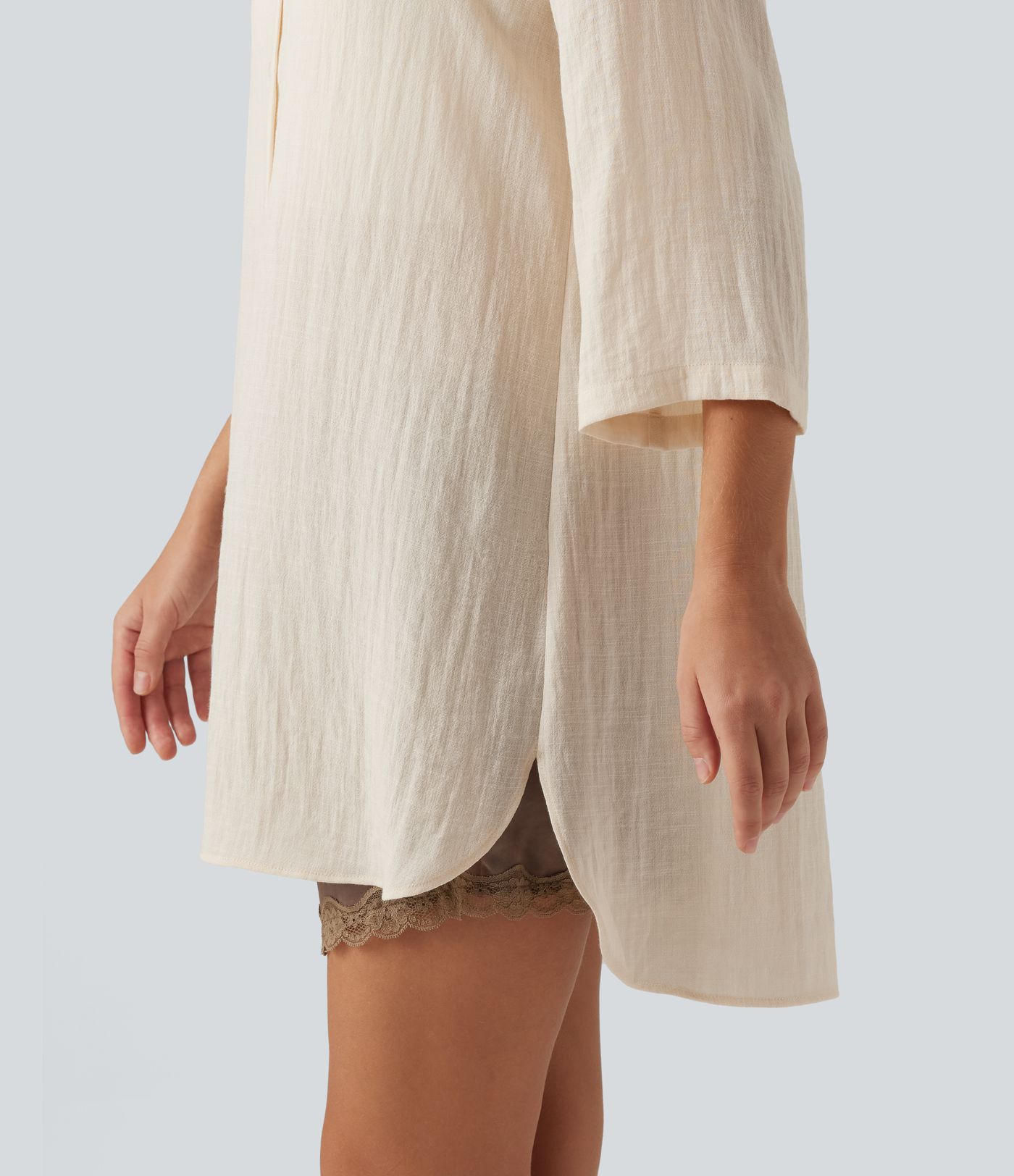 Collared 3/4 Sleeve Curved Hem Linen-Feel Oversized Casual Shirts