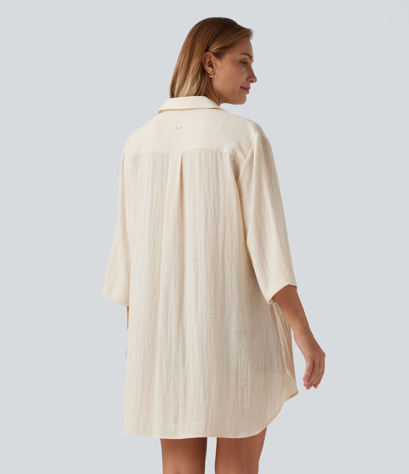 Collared 3/4 Sleeve Curved Hem Linen-Feel Oversized Casual Shirts