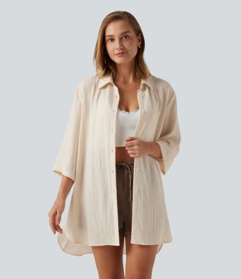 Collared 3/4 Sleeve Curved Hem Linen-Feel Oversized Casual Shirts