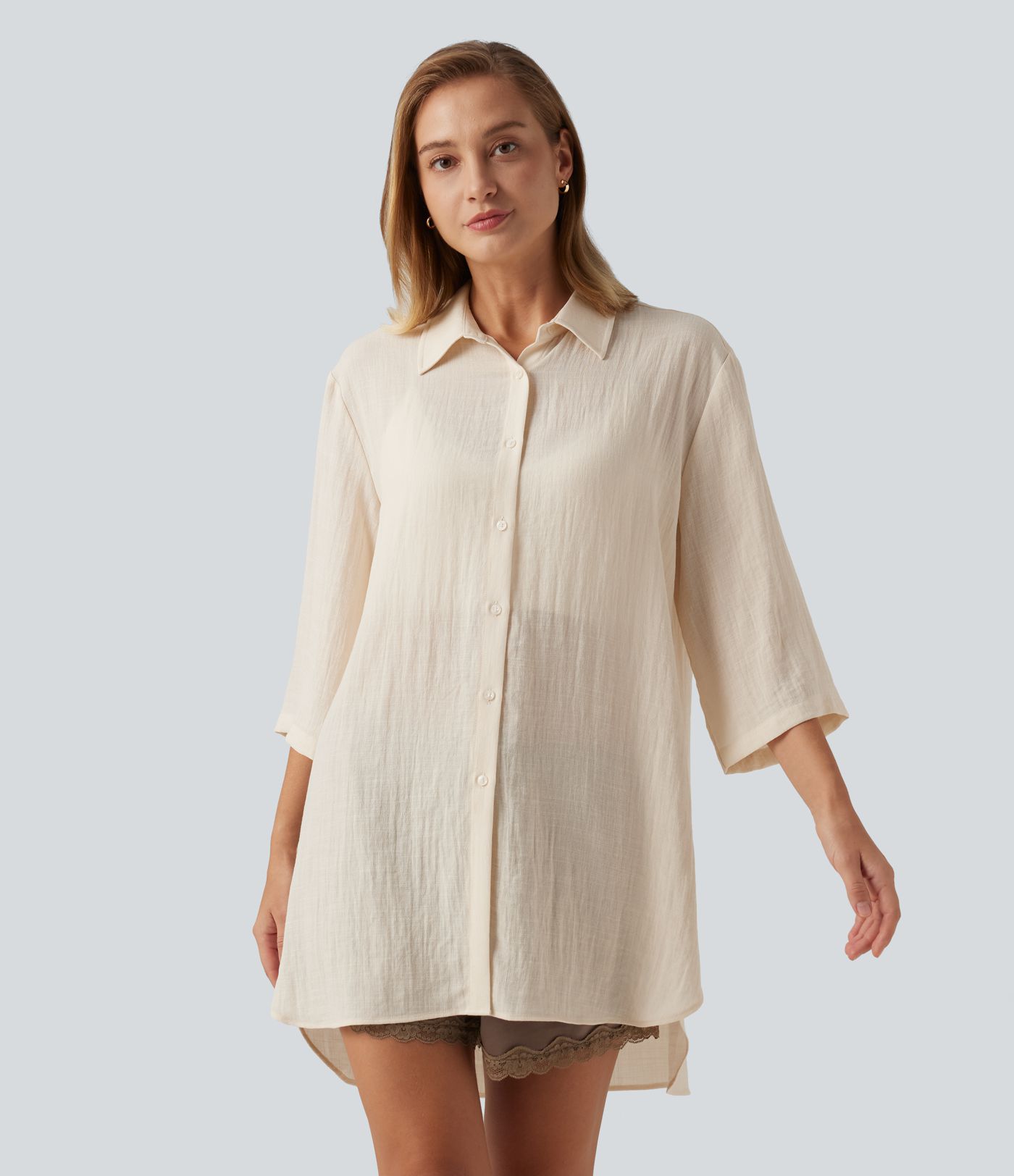 Collared 3/4 Sleeve Curved Hem Linen-Feel Oversized Casual Shirts