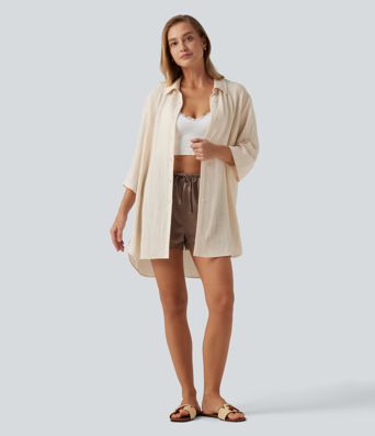 Collared 3/4 Sleeve Curved Hem Linen-Feel Oversized Casual Shirts