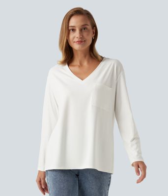 V Neck Long Sleeve Casual T-Shirt with Pocket V Neck Long Sleeve Casual T-Shirt with Pocket