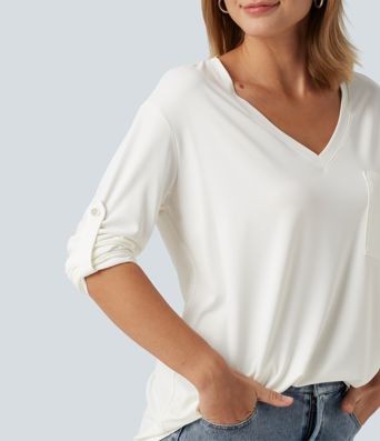 V Neck Long Sleeve Casual T-Shirt with Pocket V Neck Long Sleeve Casual T-Shirt with Pocket