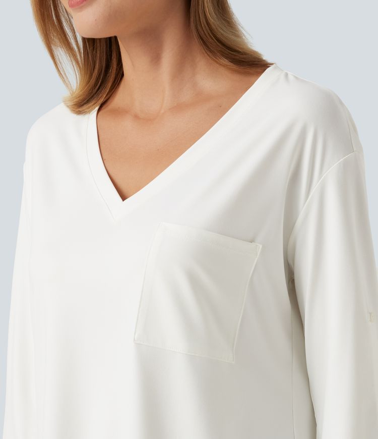 V Neck Long Sleeve Casual T-Shirt with Pocket V Neck Long Sleeve Casual T-Shirt with Pocket