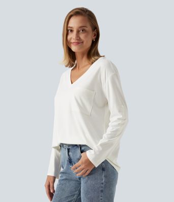 V Neck Long Sleeve Casual T-Shirt with Pocket V Neck Long Sleeve Casual T-Shirt with Pocket